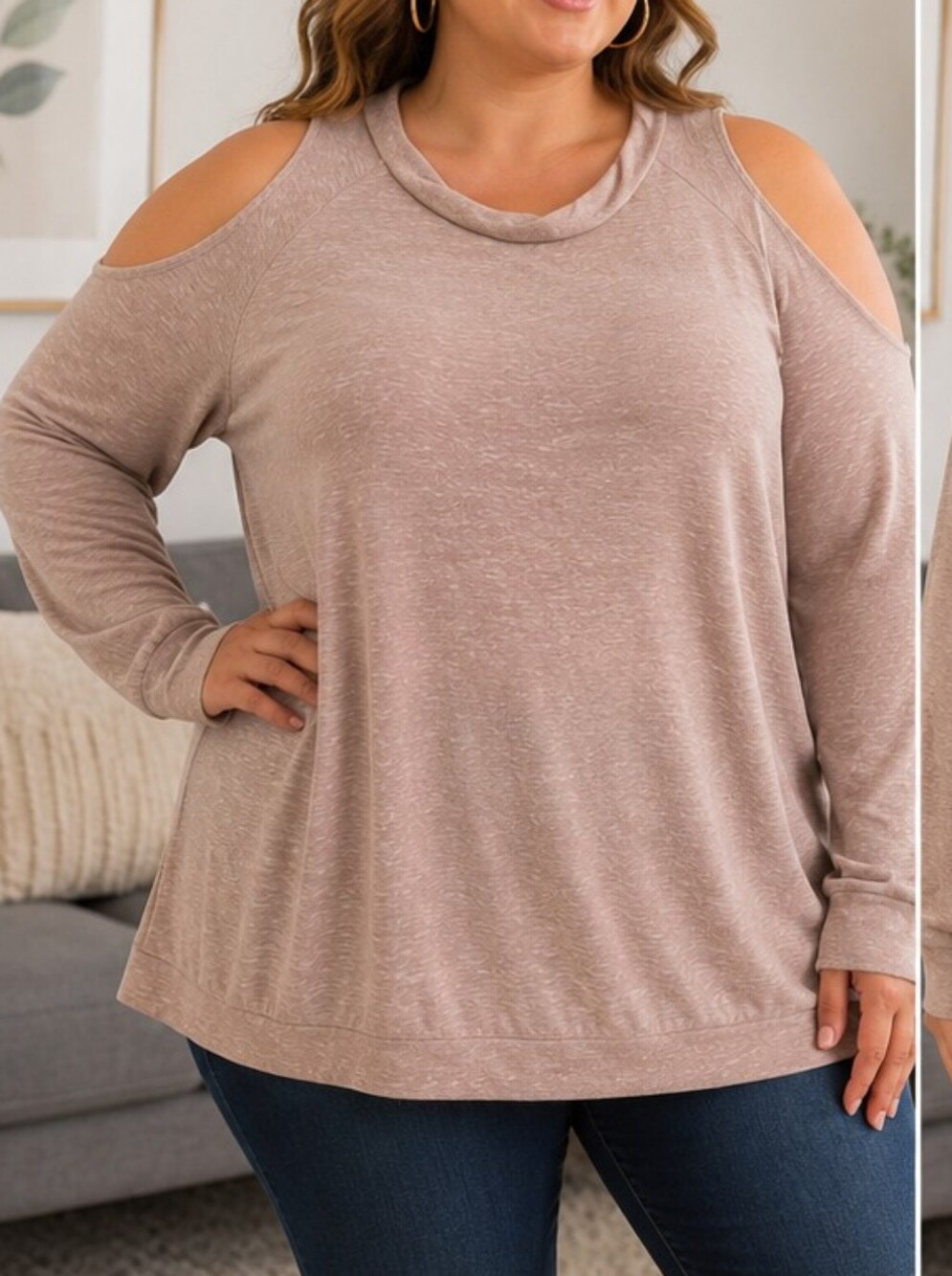 POOF Women's Beige Pink Brushed Cotton Blend Cold Shoulder Twisted Neck Sweater